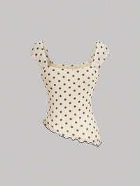 Women Beige Polka Dot Tie-Up Fitted Top with Square Neck & Cap Sleeves