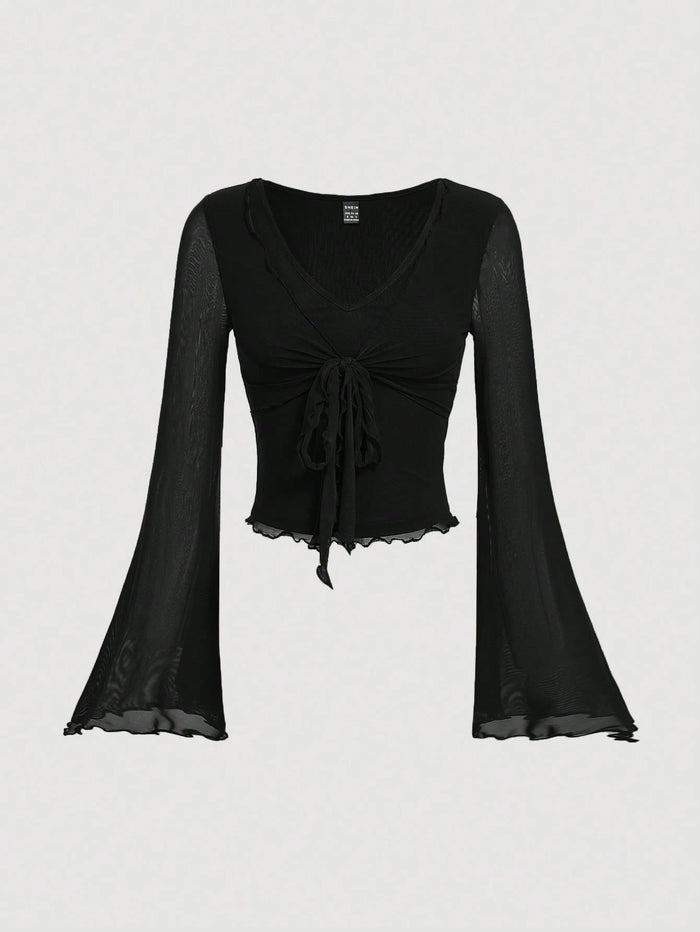 Noir Tie-Front Sheer Sleeve Crop Top