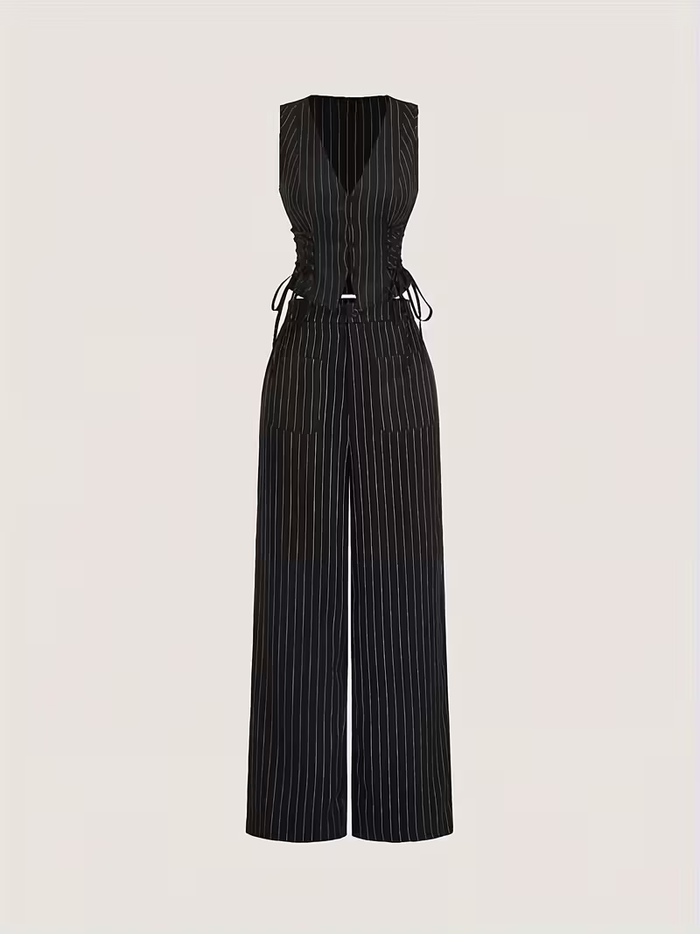 Black Pinstripe Co-Ord Set with Corset Style Top & Wide Leg Pants