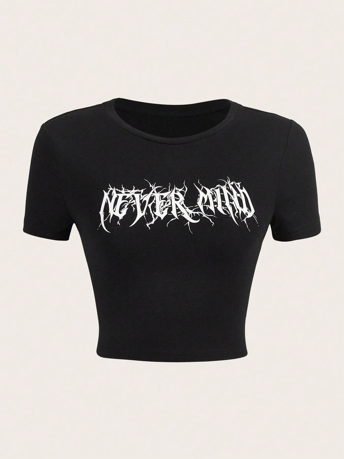 Black "Never Mind" Graphic Printed Crop Top for Women
