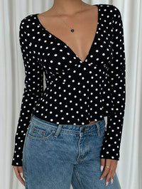Women Black Polka Dot V-Neck Fitted Top with Full Sleeves