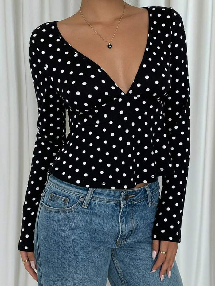 Women Black Polka Dot V-Neck Fitted Top with Full Sleeves