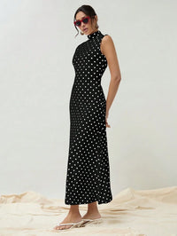 Women Black Polka Dot Sleeveless High Neck Maxi Dress