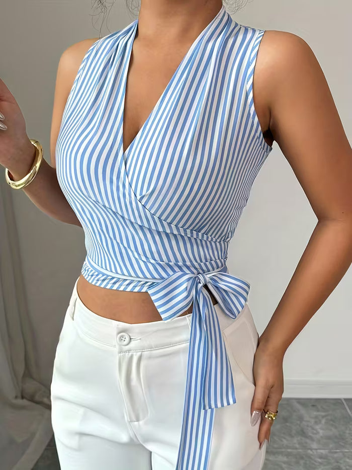 Women's Blue & White Striped Wrap Crop Top – Sleeveless V-Neck Tie Waist Summer Blouse