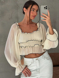 Long Puff Sleeve Contrast Trim Layered Split Hem Blouse