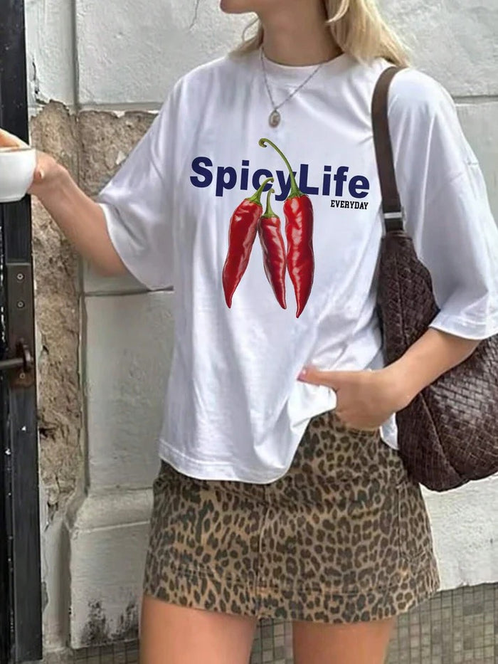 White "Spicy Life" Graphic Oversized T-Shirt for Women