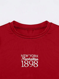 Red Ribbed Crop Top with "New York Manhattan 1898" Print