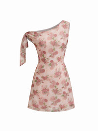 Blush Pink Floral One Shoulder Mini Dress with Sheer Mesh Overlay