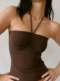 Chocolate Brown Strapless Halter Neck Ruched Top
