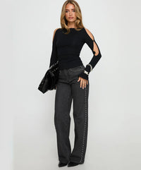Side Split Long Sleeve Top Black