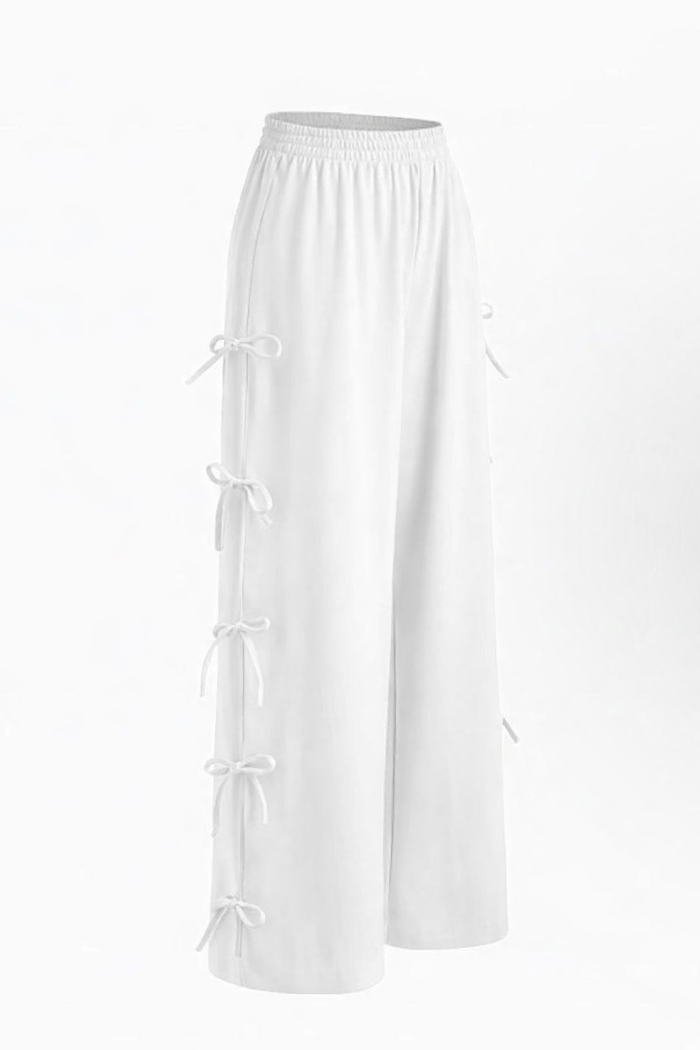 White Side Tie-Up Wide Leg Pants