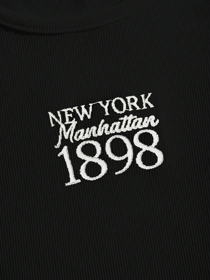 Black Ribbed Crop Top with "New York Manhattan 1898" Print