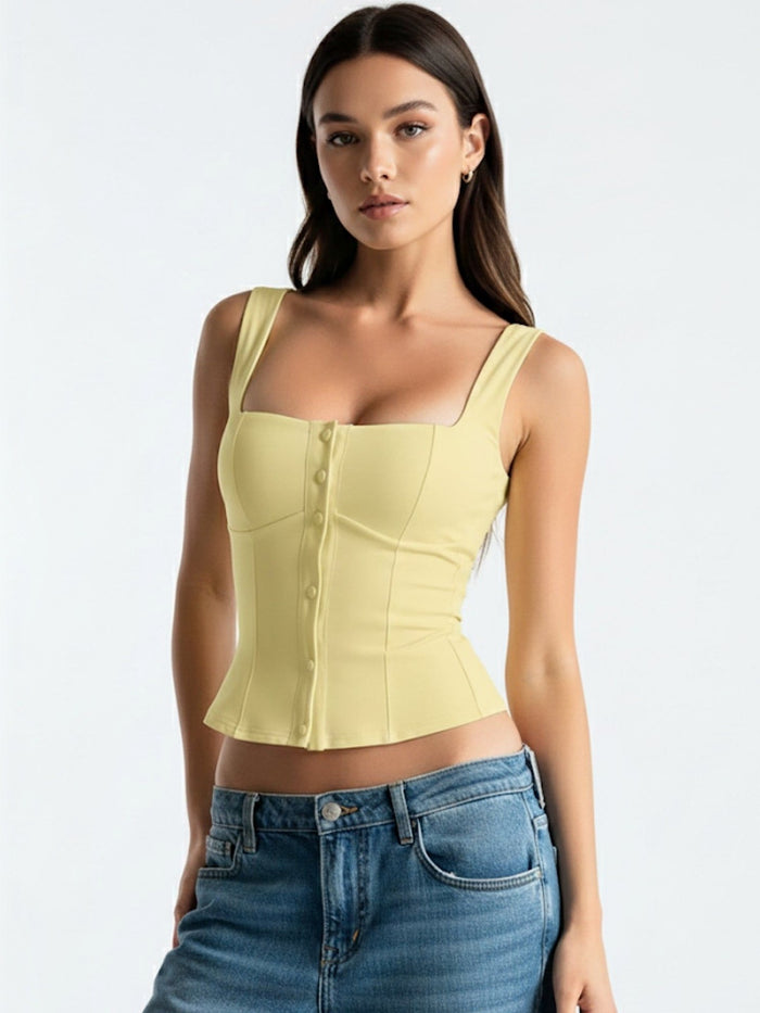 Butter Yellow Button-Front Corset Style Tank Top