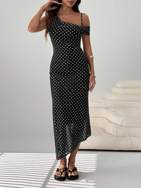 Women Black Polka Dot One Shoulder Bodycon Maxi Dress