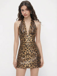 Leopard Sequin Halter Neck Mini Dress – Glam Party Wear Bodycon Dress