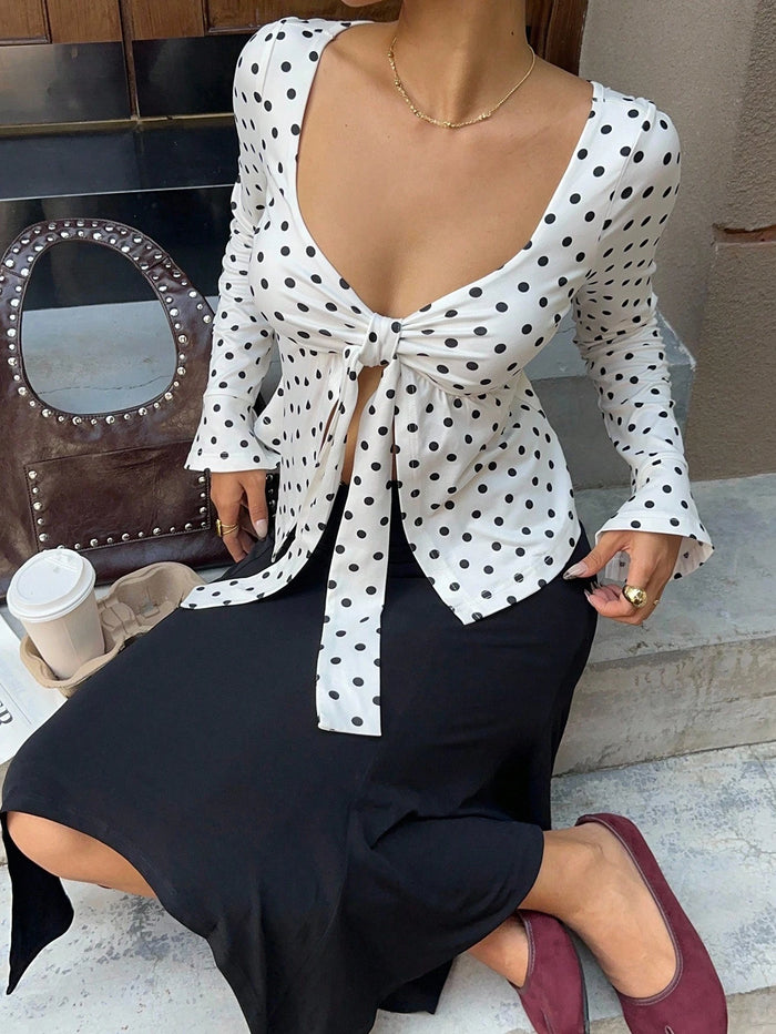 Women White Polka Dot Tie-Up Front Long Sleeve Crop Top