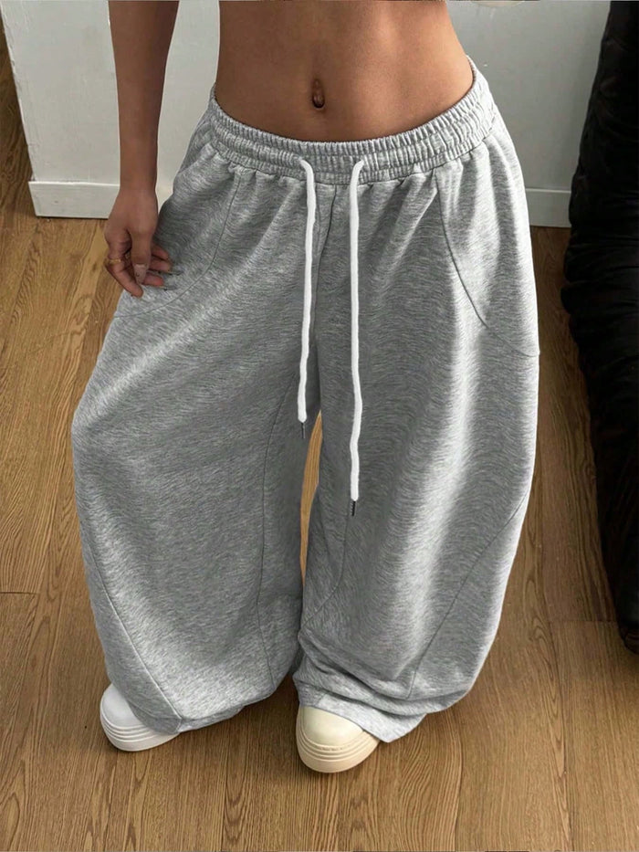 Grey Wide Leg Drawstring Jogger Pants for Women