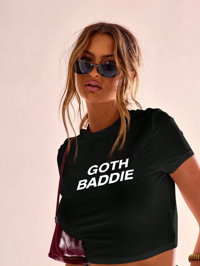 Black "Goth Baddie" Printed Crop T-Shirt for Women