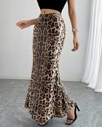 High Waist Leopard Print Sequin Maxi Skirt