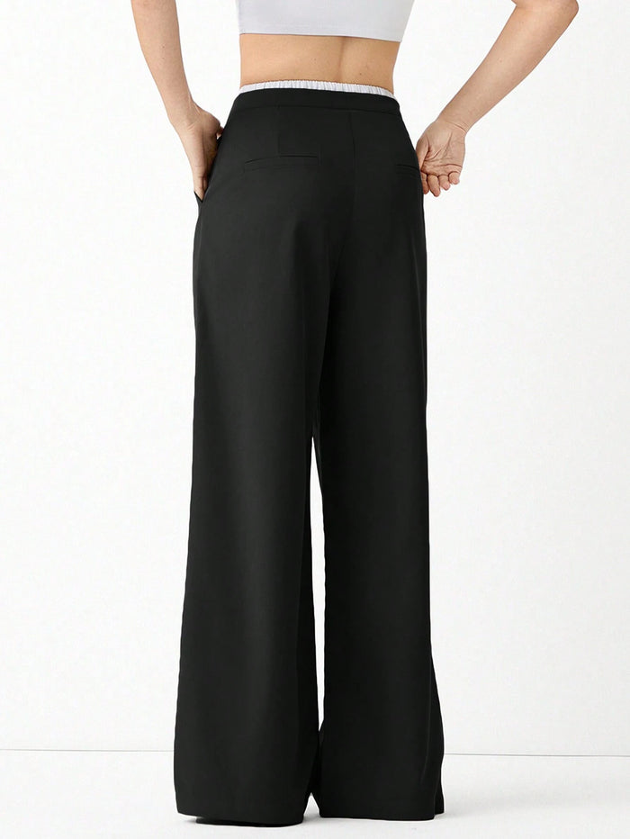 Black High-Waist Wide Leg Pants for Women with Ring Detail