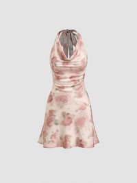 Blush Pink Floral Satin Halter Neck Mini Dress with Cowl Neck