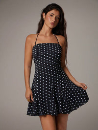 Women Black Polka Dot Halter Neck Fit & Flare Dress
