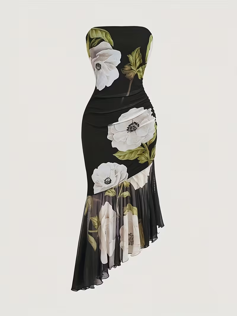 Black Strapless Floral Asymmetric Midi Dress