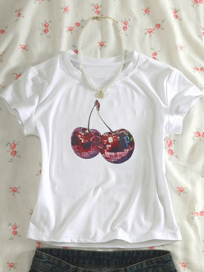 Disco Cherry Graphic White Crop T-Shirt