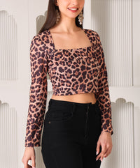 Leopard Print Square Neck Long Sleeve Crop Top