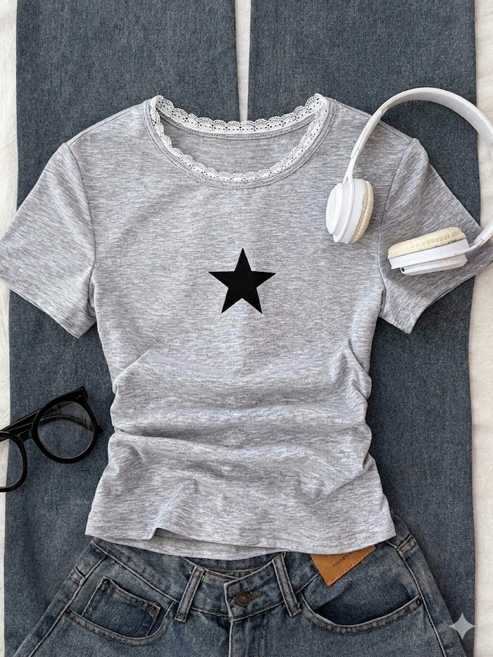 Star Print Lace-Trim Tee