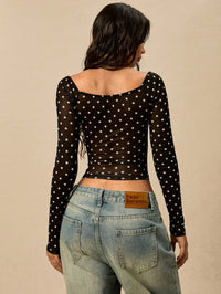 Women Black Polka Dot Twist Front Mesh Crop Top with Full Sleeves