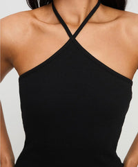 Black Ribbed Criss-Cross Halter Neck Crop Top
