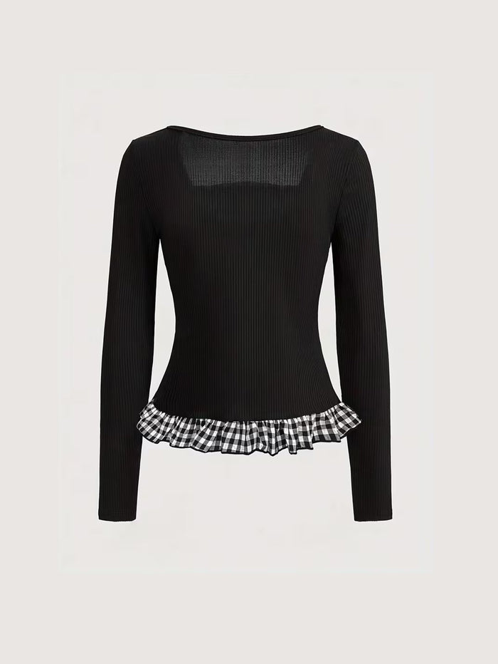 Black Ribbed Coquette Top with Gingham Ruffle Hem & Bow