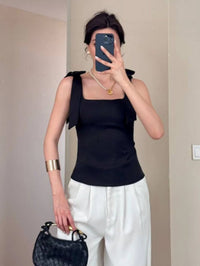 Black Sleeveless Bow Tie Shoulder Tank Top