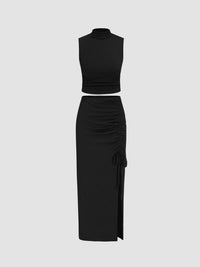 Set of 2: Ruched Tank Top & Knotted Ruched Split Maxi Skirt