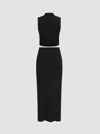 Set of 2: Ruched Tank Top & Knotted Ruched Split Maxi Skirt