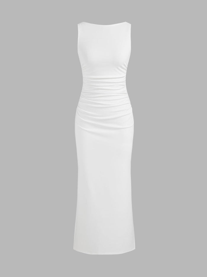 Boat Neck Solid Ruched Split Maxi Dress
