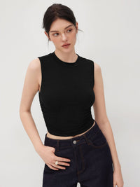 Pack Of 2: Round Neck Solid Ruched Crop Tank Top