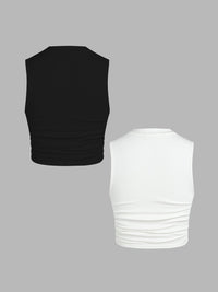 Pack Of 2: Round Neck Solid Ruched Crop Tank Top