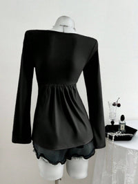 Black Sweetheart Neck Ruched Top with Flare Sleeves