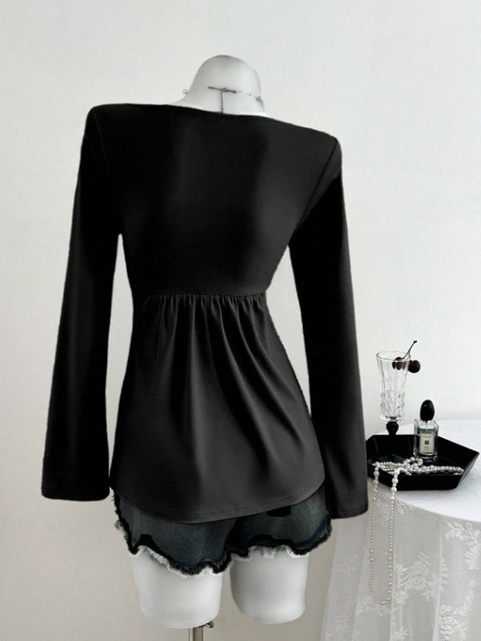 Black Sweetheart Neck Ruched Top with Flare Sleeves
