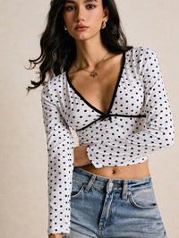 Women White Polka Dot Deep V-Neck Long Sleeve Crop Top