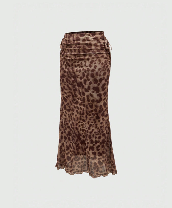 Leopard Print Ruched Mesh Maxi Skirt