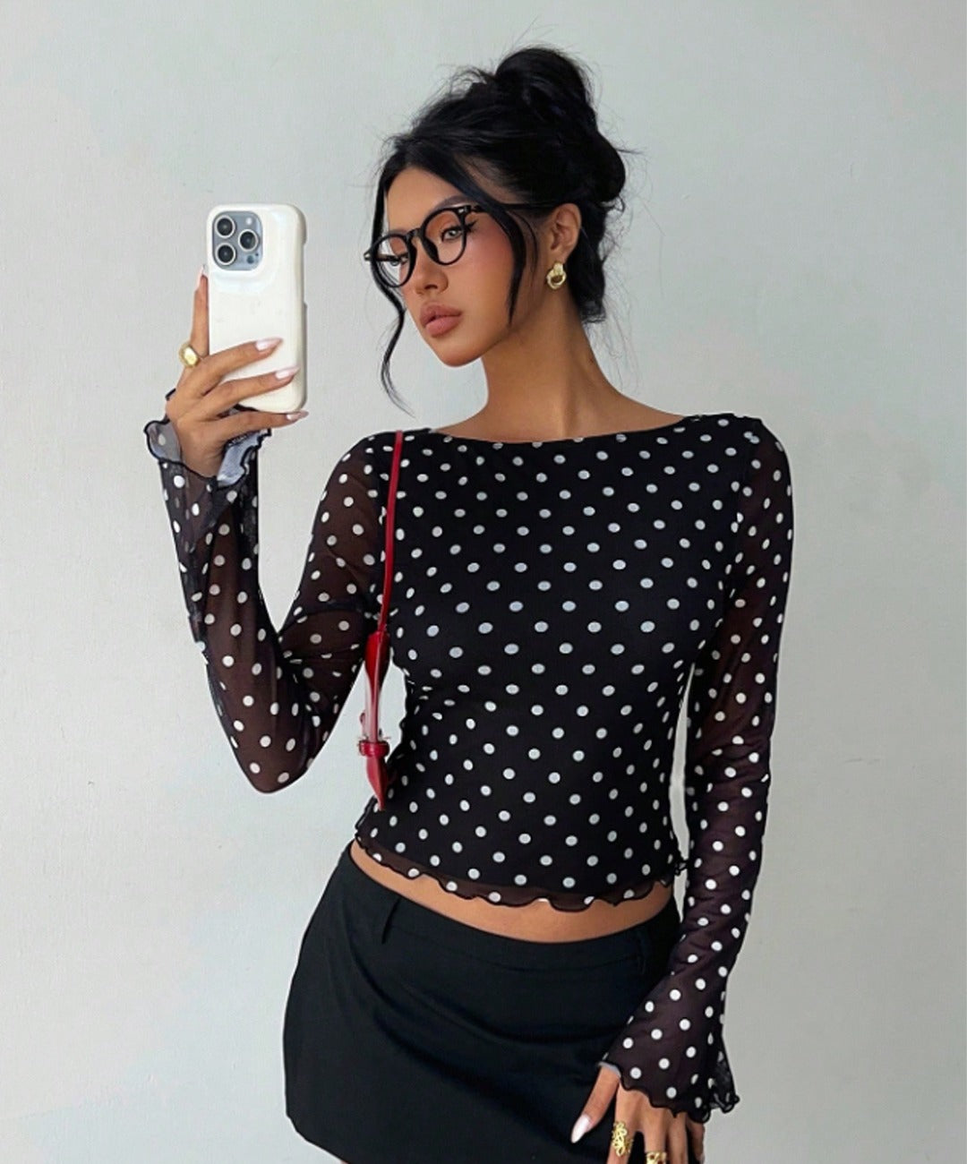 Vintage-Inspired Polka Dot Open-Back Mesh Crop Top