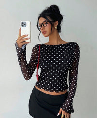 Vintage-Inspired Polka Dot Open-Back Mesh Crop Top