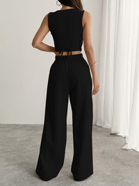 Women's Black Button-Front Sleeveless Wide-Leg Jumpsuit