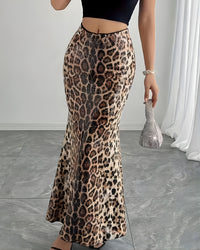 High Waist Leopard Print Sequin Maxi Skirt