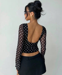Vintage-Inspired Polka Dot Open-Back Mesh Crop Top