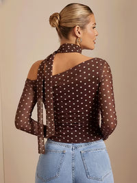 Brown Polka Dot One Shoulder Mesh Top with Scarf Tie for Women
