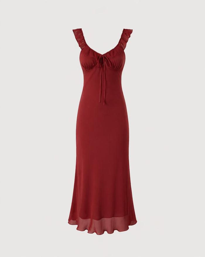 Romantic Burgundy Ruffle Tie-Front Midi Dress